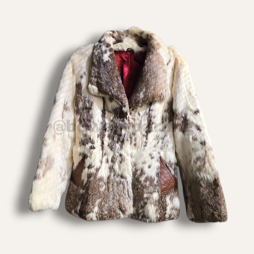 70s Rabbit Fur Coat - Cream & Brown (XS/S)